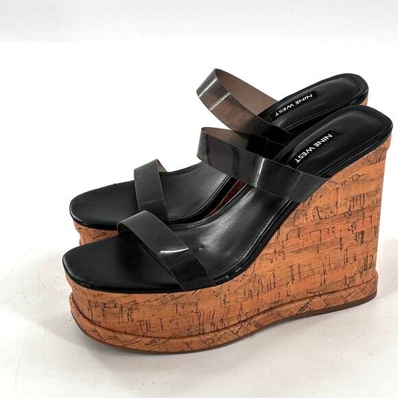 Nine West Rapps Platform Wedge Sandal 8.5 NWOT Black Cork Travel Beach Resort - Picture 2 of 6